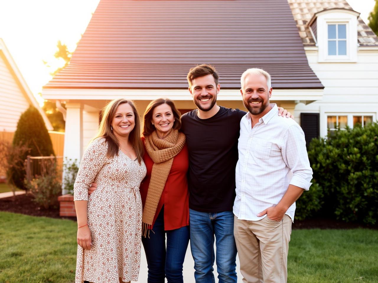 Happy family in front of their home